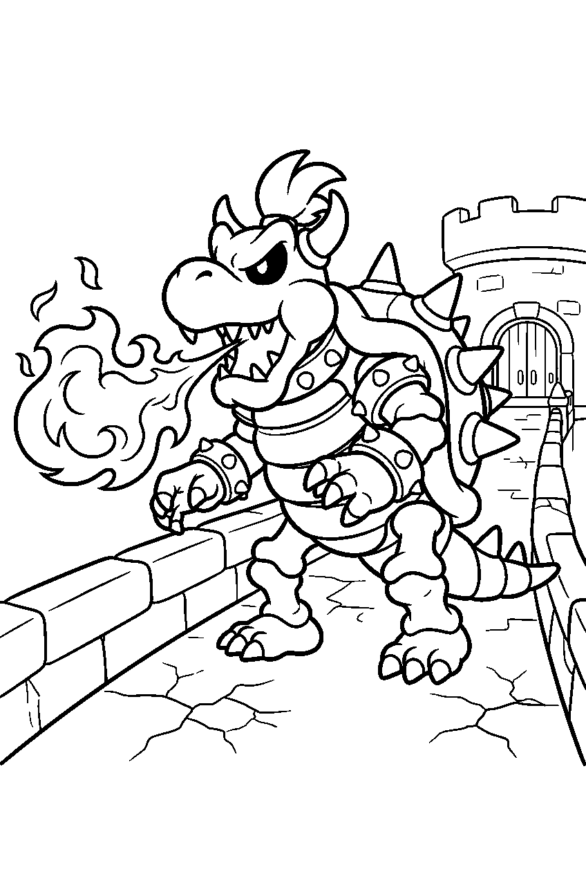 dry bowser breathing blue fire on a castle bridge line art
