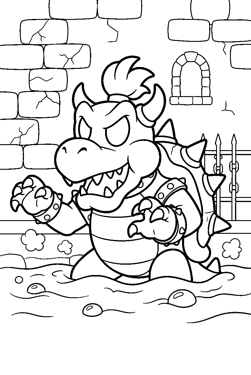 dry bowser rising beside lava inside the castle dungeon line art