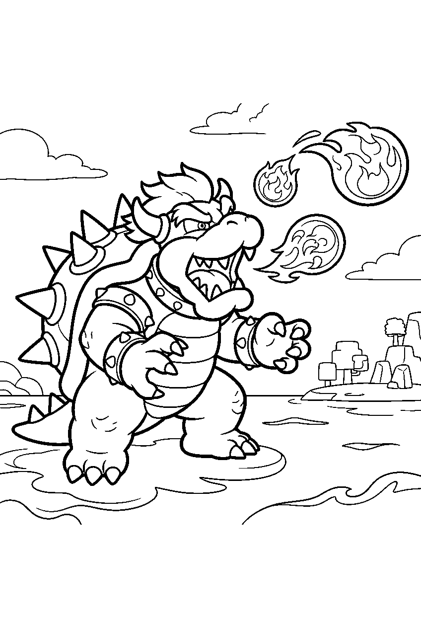fury bowser launching fireballs across lake lapcat line art