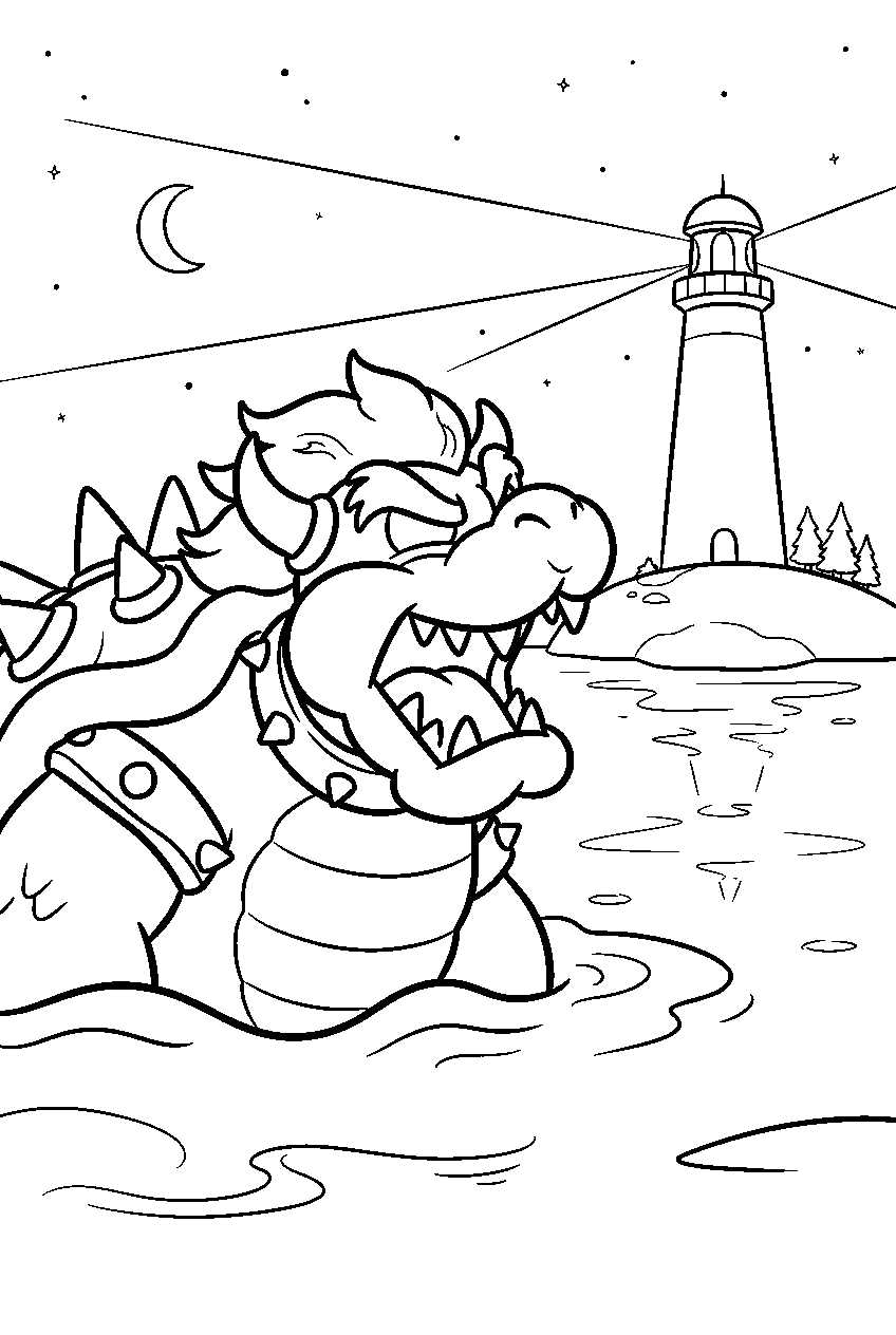 fury bowser roaring across lake lapcat beneath lighthouse beams line art