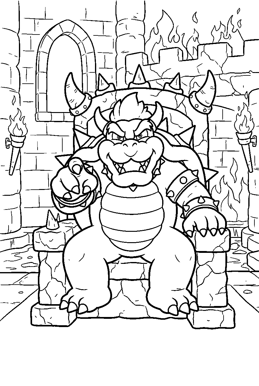 king koopa pointing from a throne inside a fiery castle line art