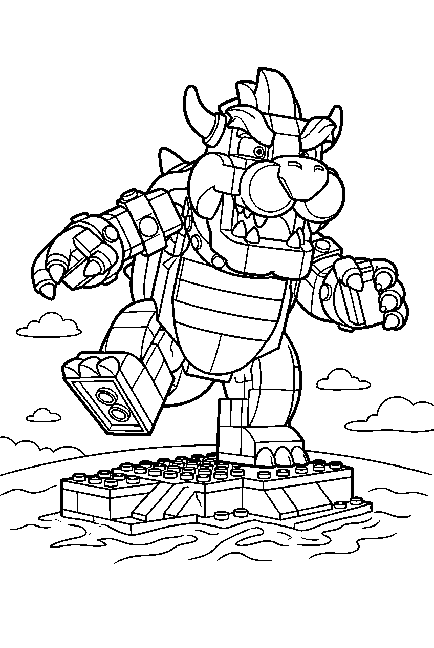 lego bowser stomping on a brick lava platform line art