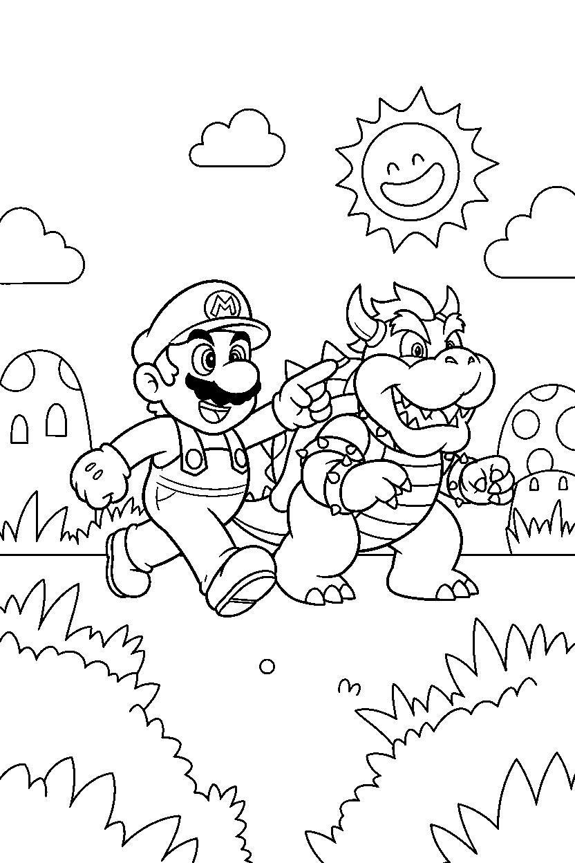 mario bowser exploring happily in a grassy level line art