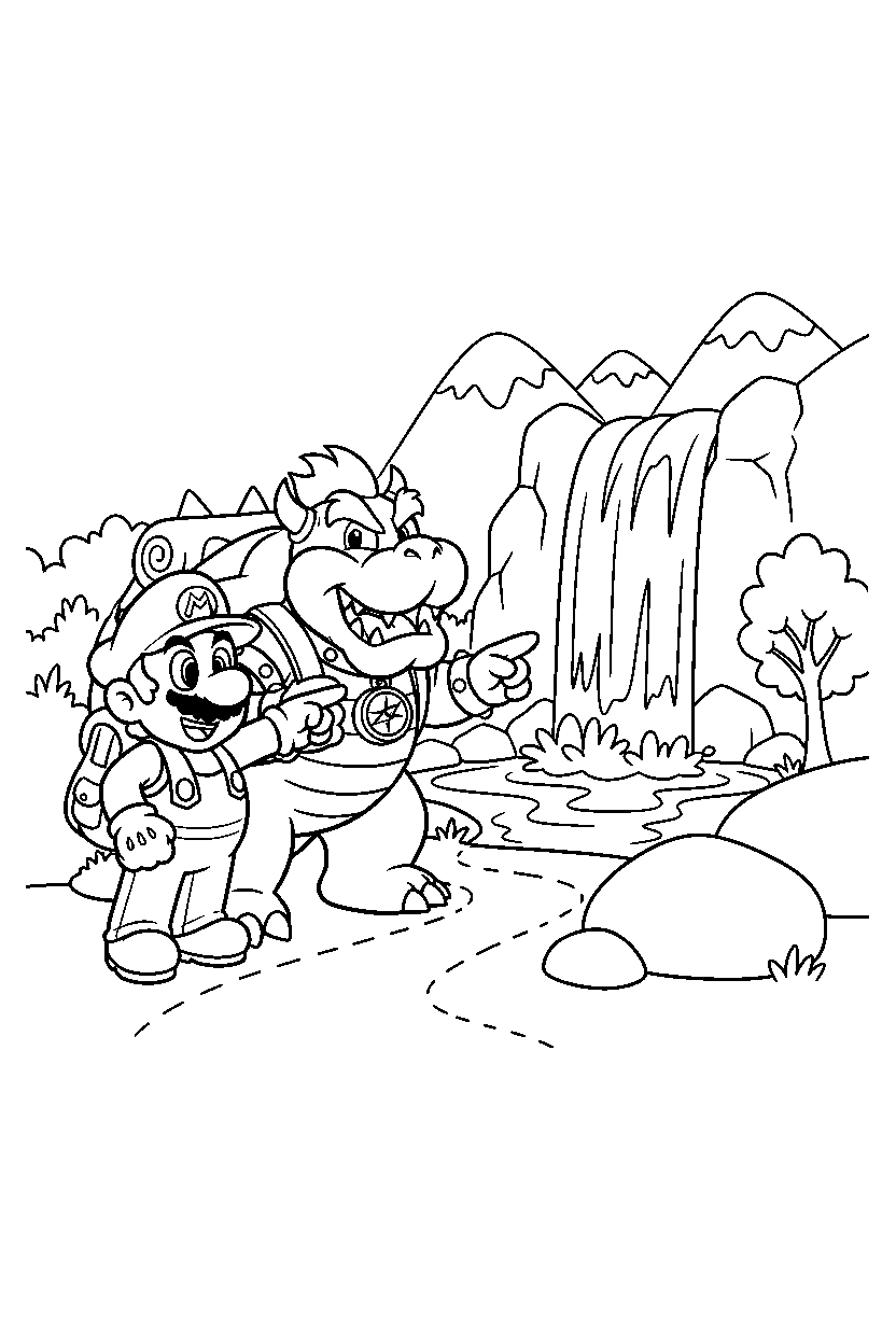 mario bowser getting ready to explore near a waterfall line art