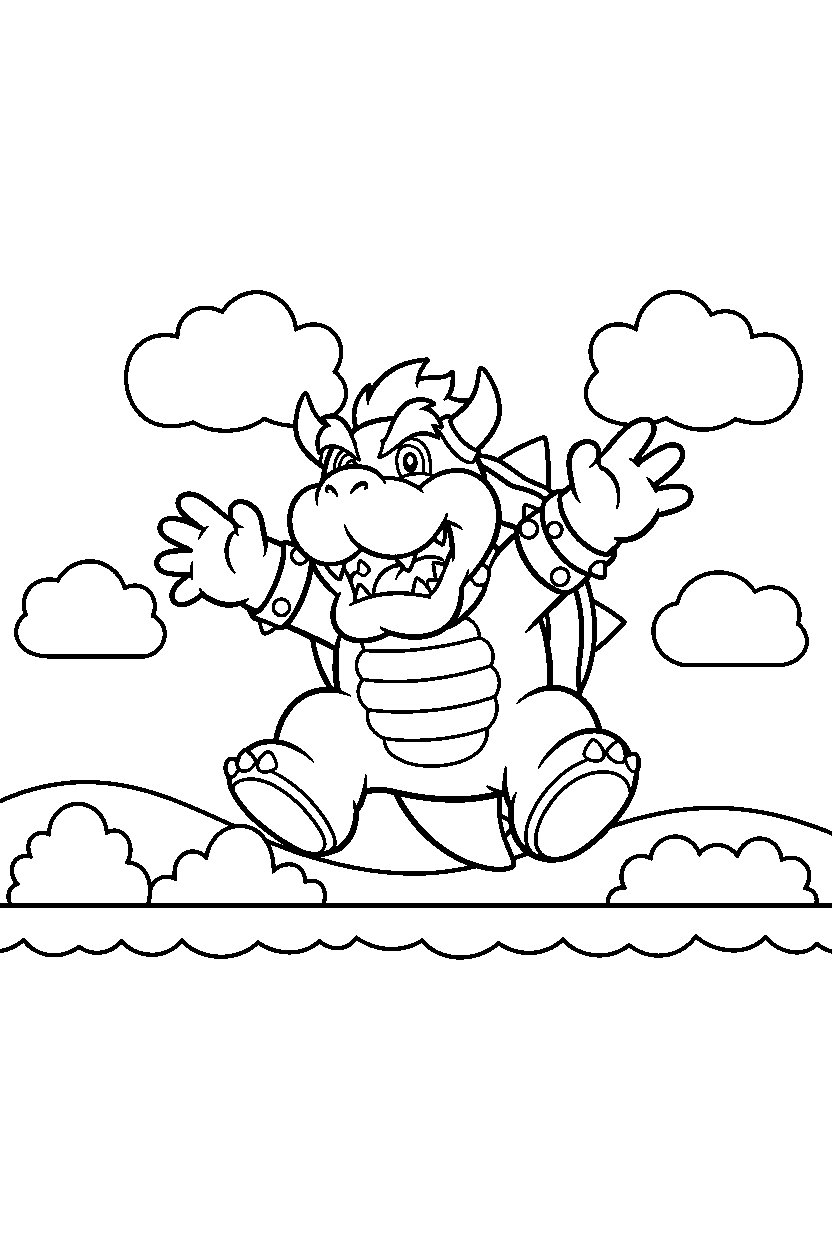 mario bowser jumping happily in a grassy level line art