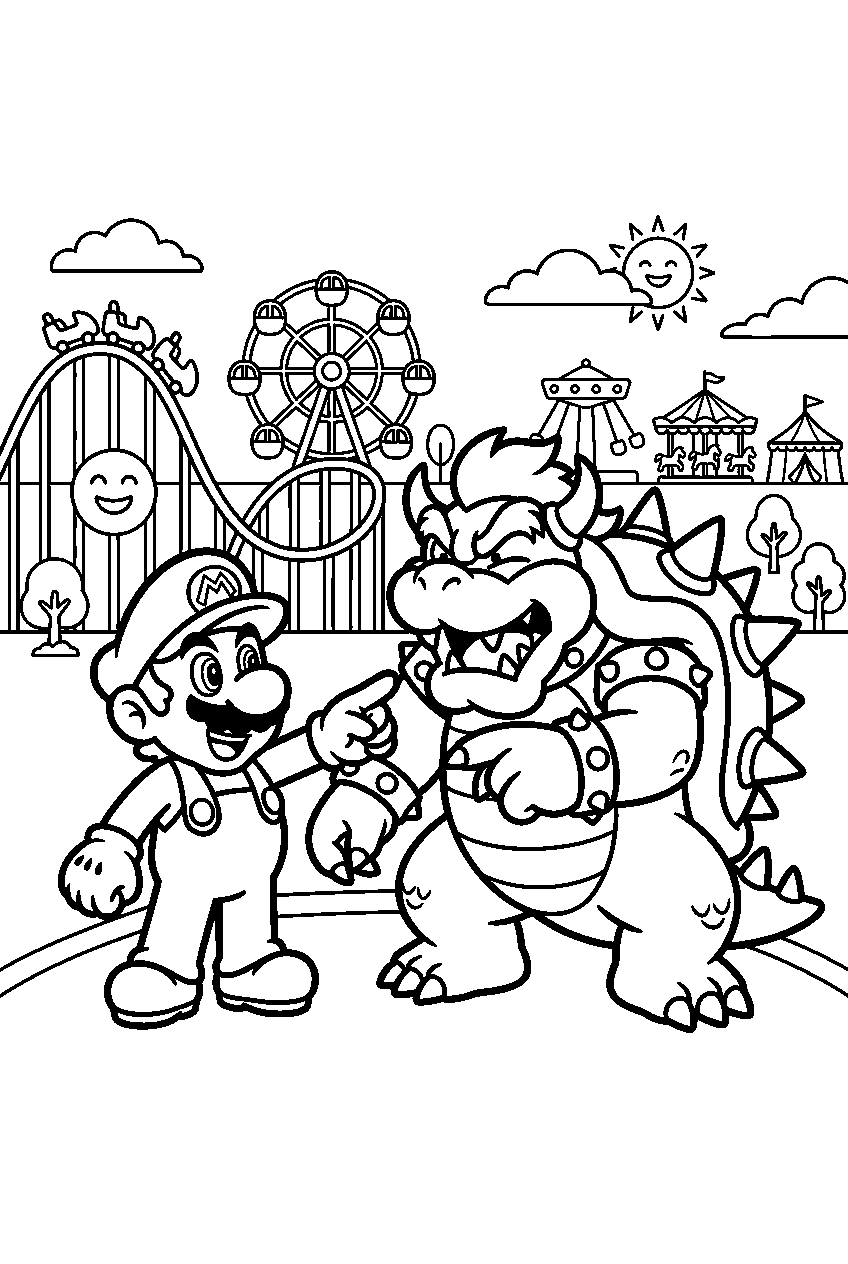 mario bowser pointing in amusement park line art