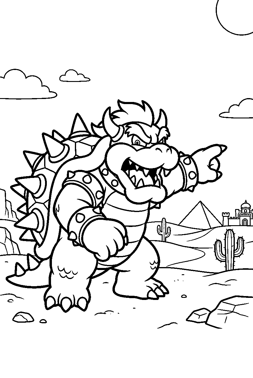 mario bowser pointing in desert kingdom line art