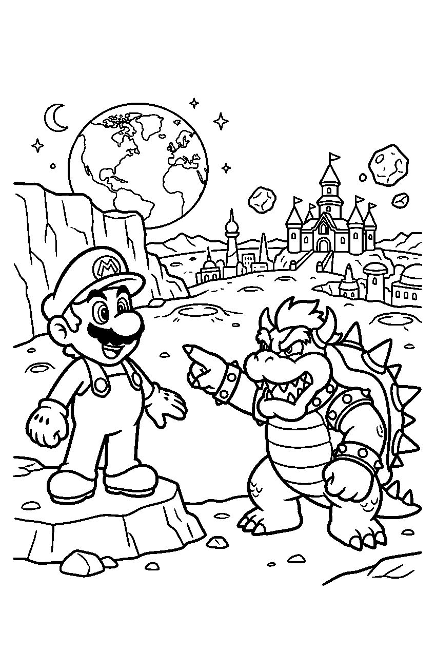 mario bowser pointing on moon kingdom line art