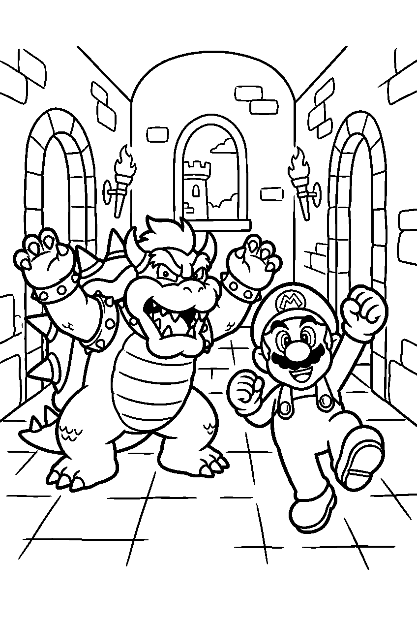mario bowser posing in castle hallway line art