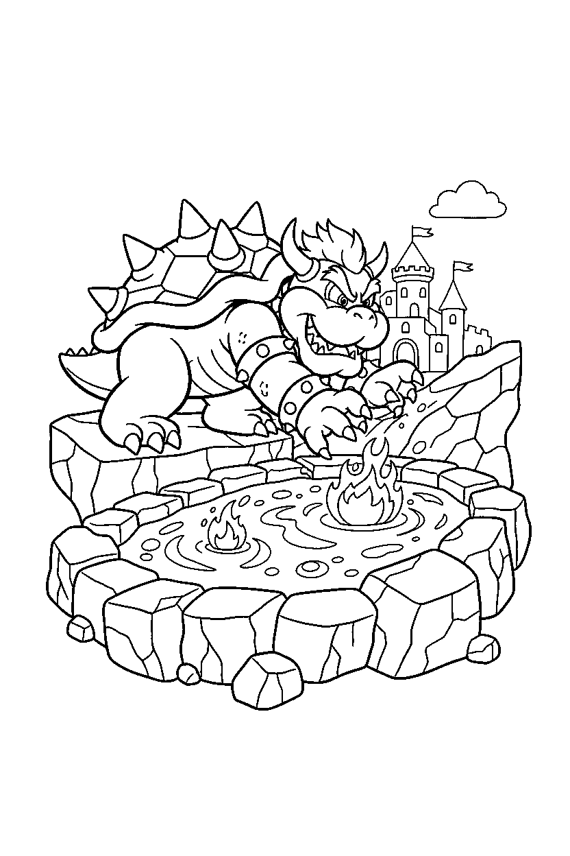 mario bowser reaching in lava area line art