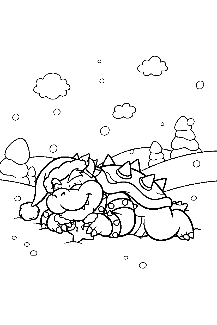 mario bowser resting happily in a snowy level line art