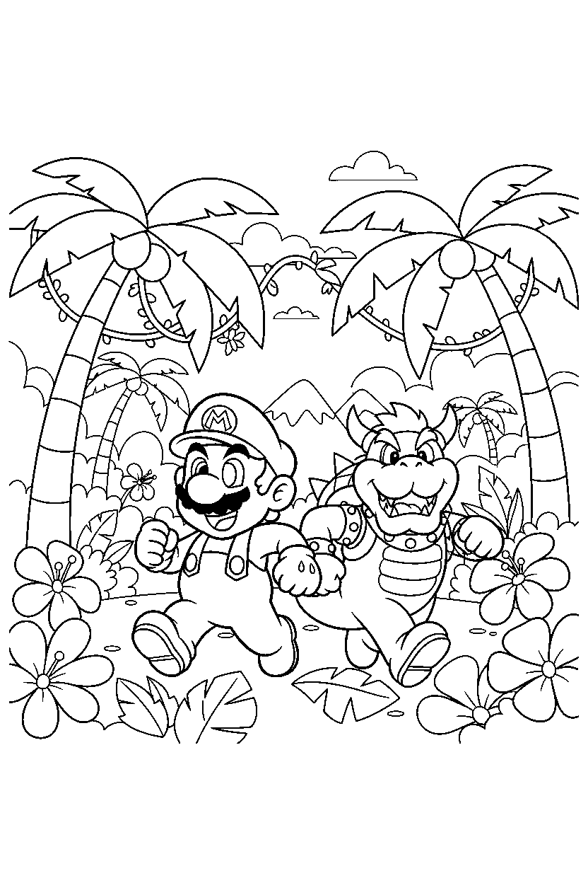 mario bowser running happily in a jungle level line art