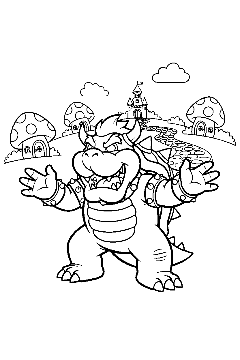 mario bowser smiling happily in the mushroom kingdom line art