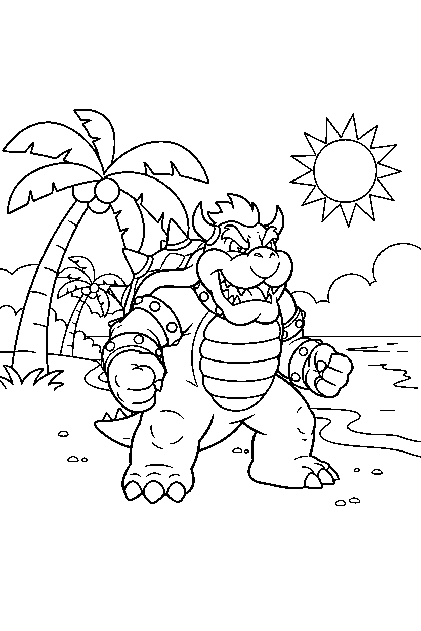 mario bowser standing bravely in a beach level line art
