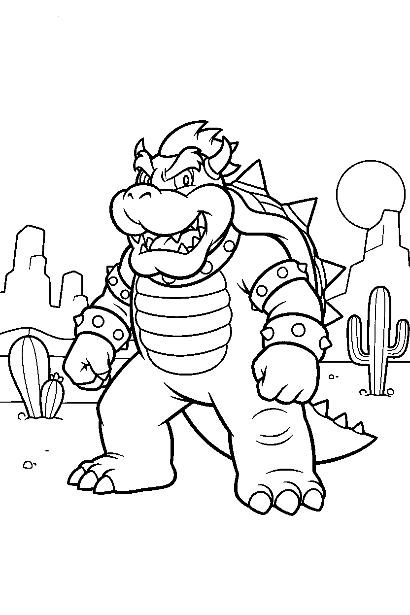 mario bowser standing bravely in a desert level line art