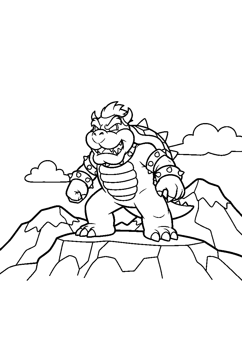 mario bowser standing bravely on a mountain level line art