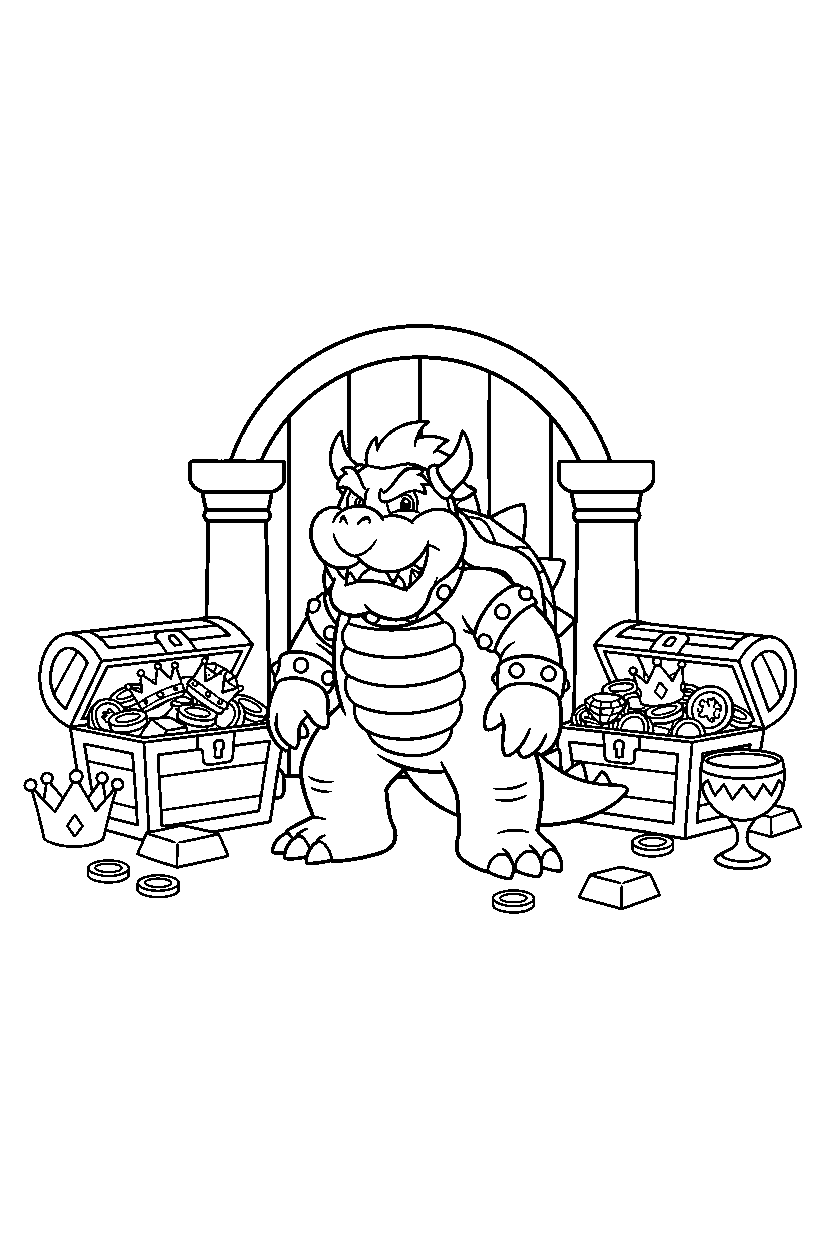 mario bowser standing calmly in treasure room line art