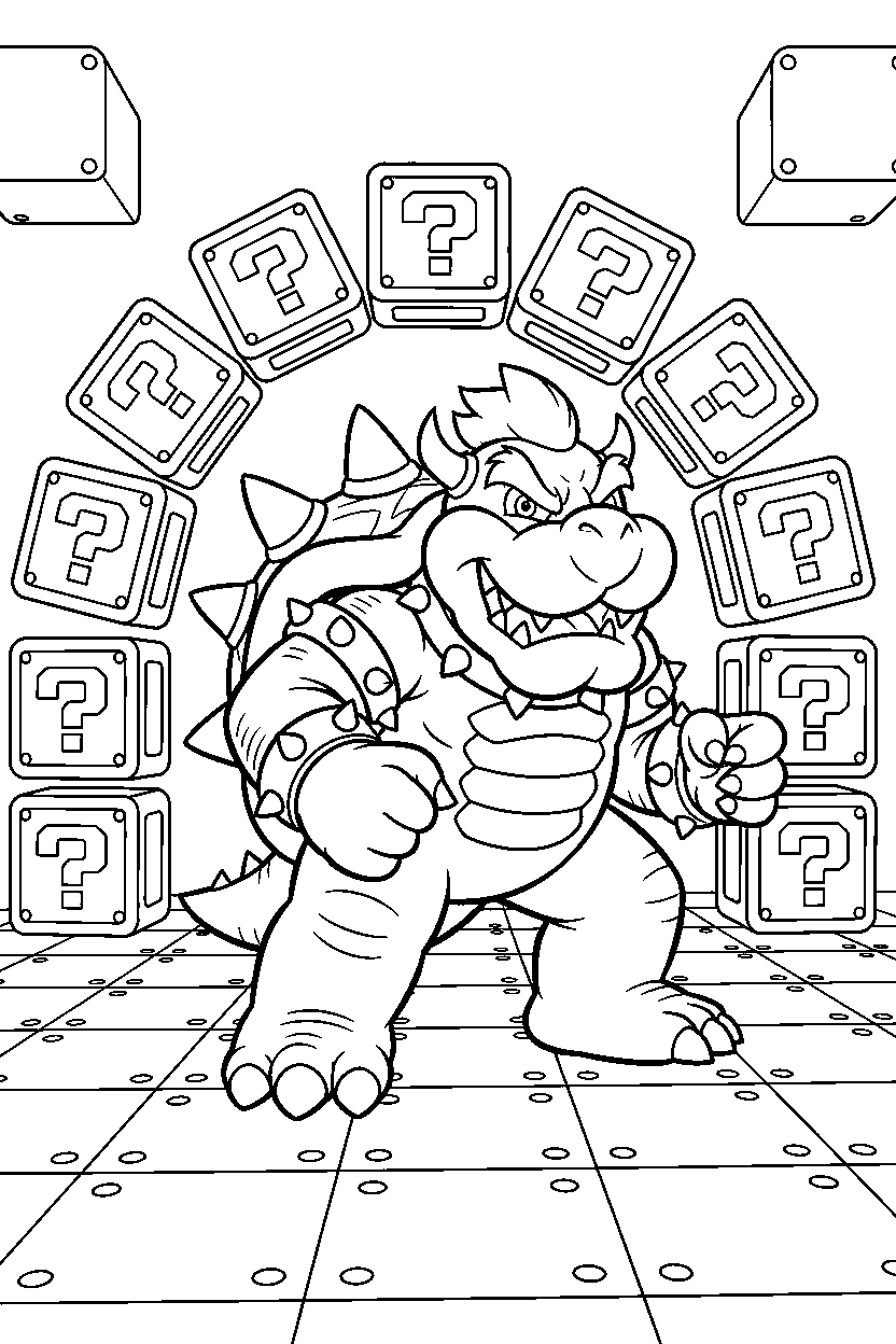 mario bowser standing confidently in bonus room line art