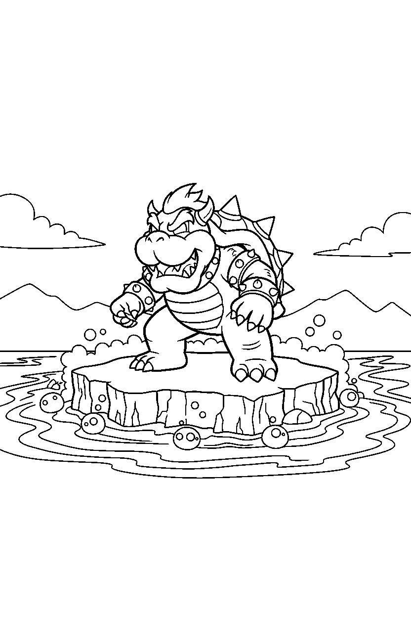 mario bowser standing on lava platform line art