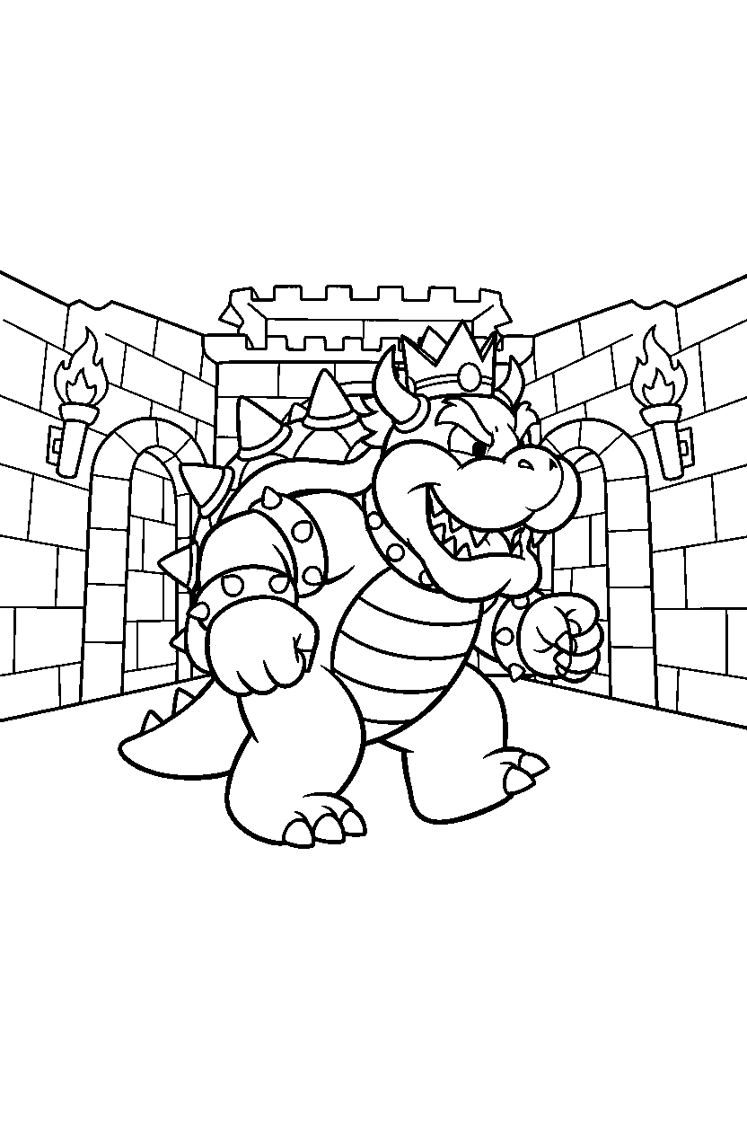 mario bowser walking in bowser castle line art