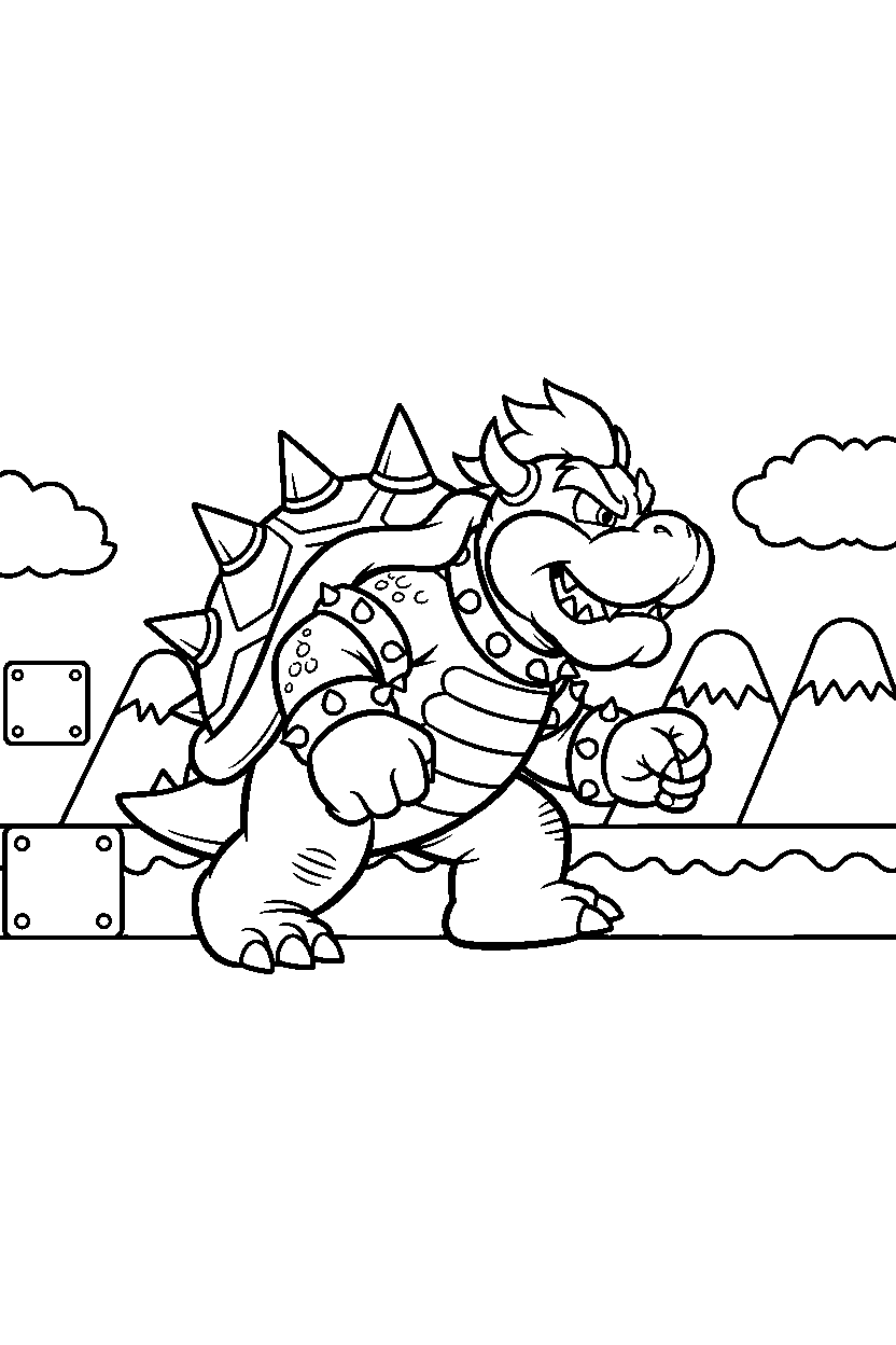 mario bowser walking in game world line art