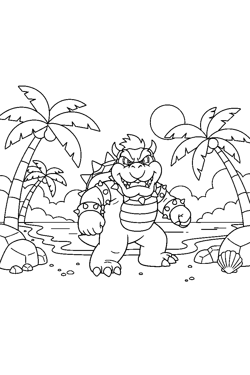 mario bowser walking proudly in a beach level line art