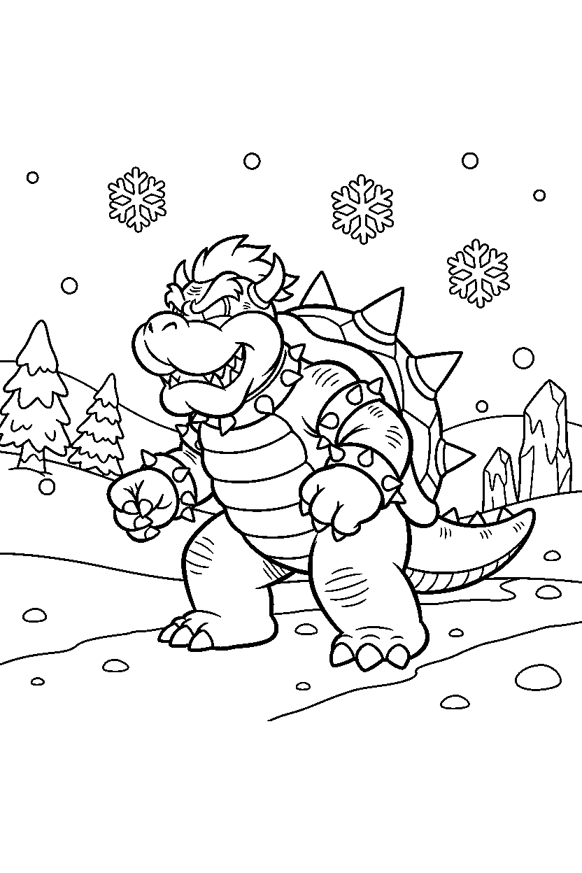 mario bowser walking proudly in a snowy level line art