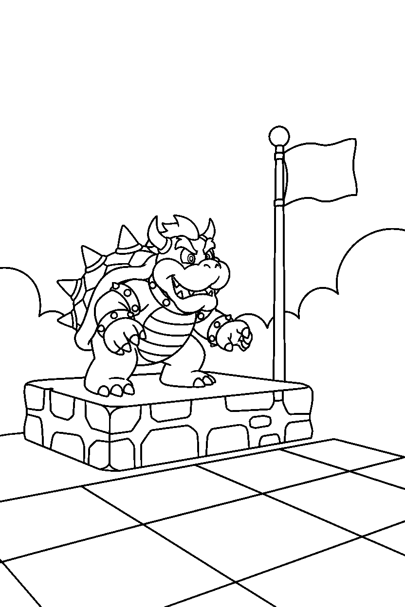 mario bowser watching on platform near flagpole line art