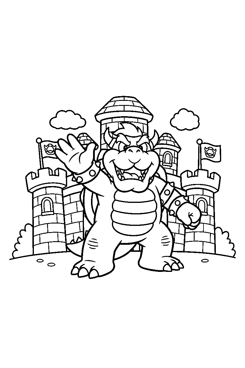 mario bowser waving happily near a fortress line art