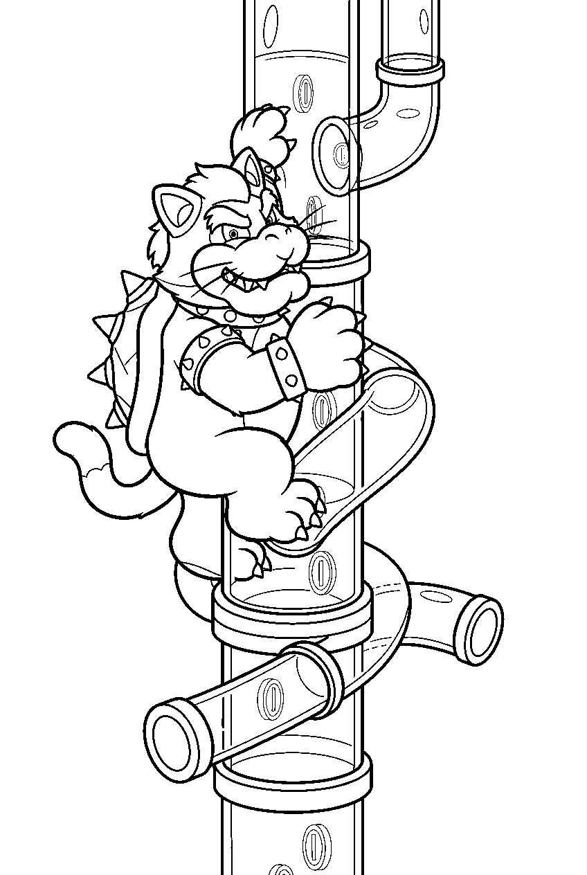 meowser climbing a clear pipe tower in super mario 3d world line art
