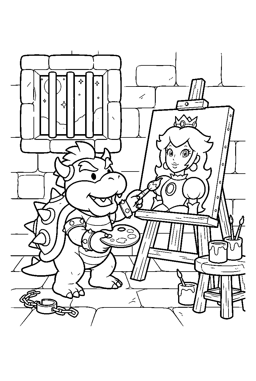 mini bowser from super mario galaxy movie painting a princess peach portrait inside his miniature prison castle line art