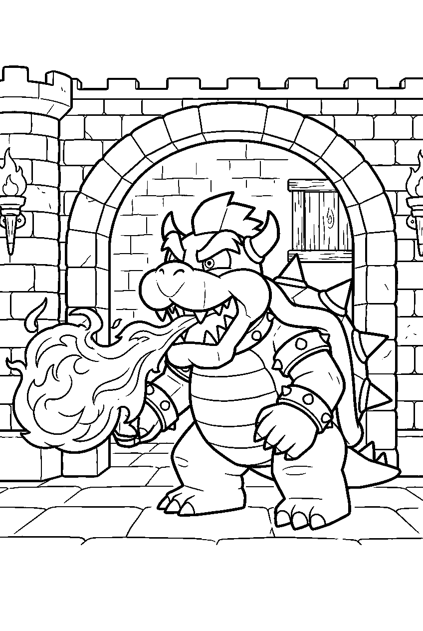 paper bowser breathing fire inside a paper castle line art