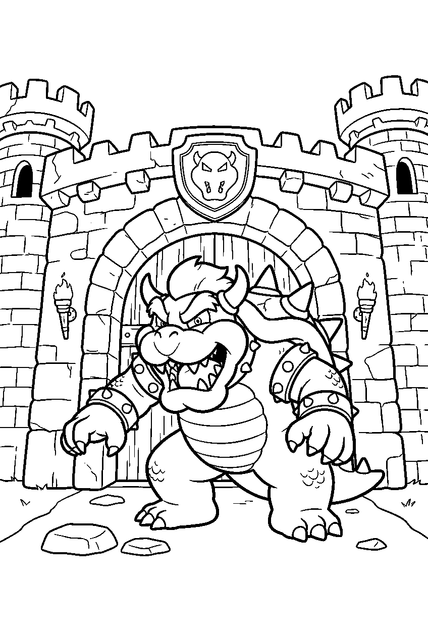 scary bowser showing his sharp teeth at the castle entrance line art
