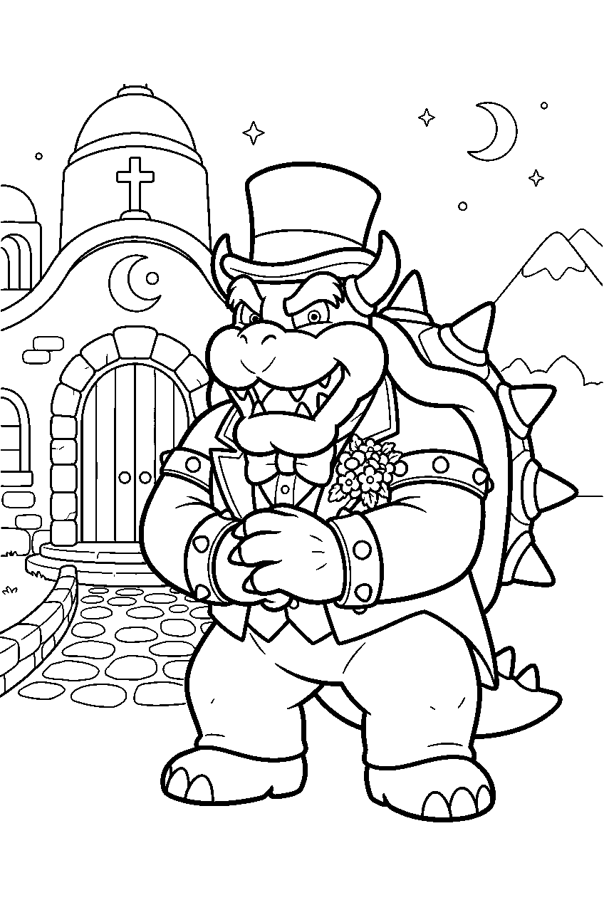 wedding bowser posing in a white suit outside the moon kingdom chapel line art
