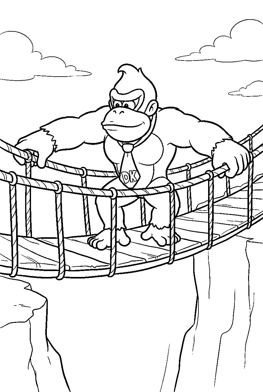 donkey kong balancing on a rope bridge above a ravine line art