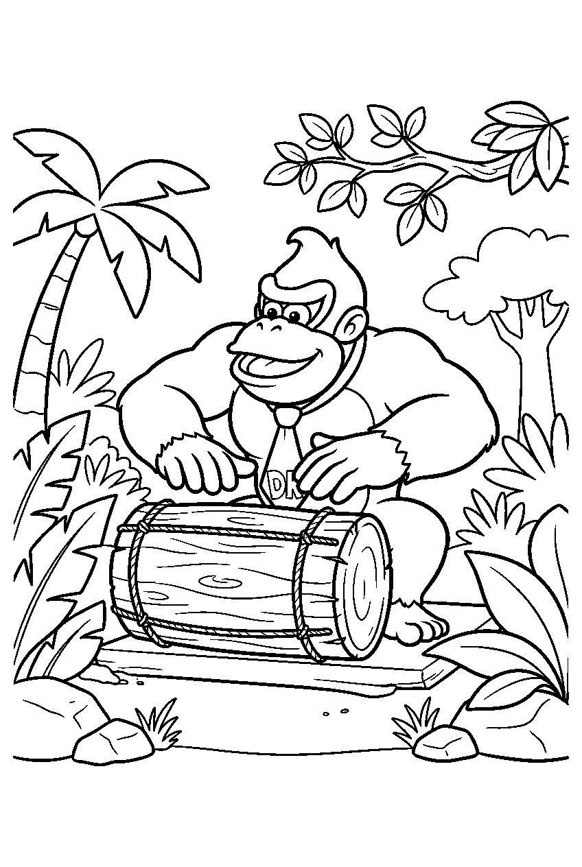 donkey kong beating a wooden drum in a rainforest clearing line art