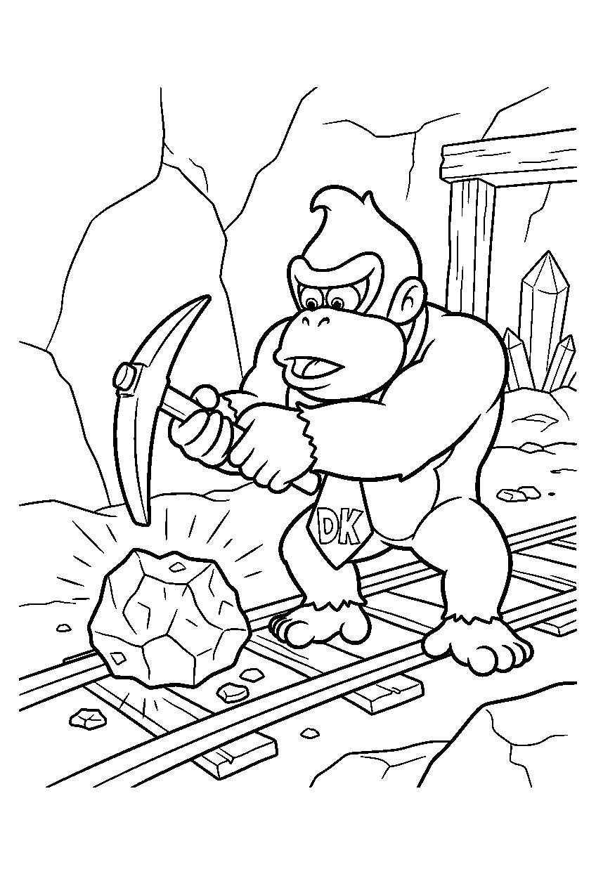 donkey kong breaking a piece of ore in an ancient mine line art