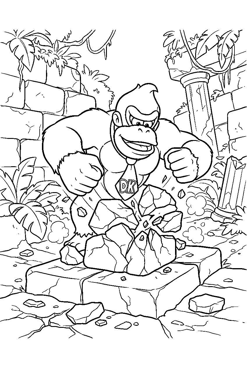 donkey kong breaking a stone block among jungle ruins line art