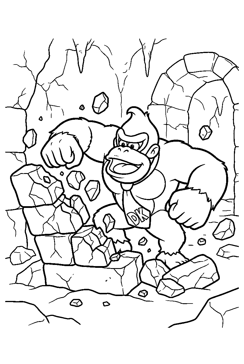 donkey kong breaking stone blocks among bananza underground ruins line art