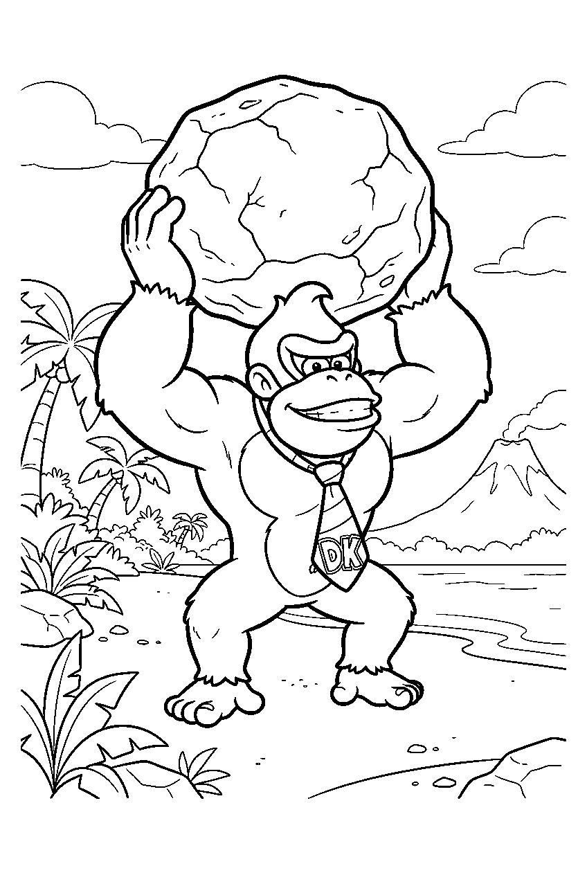 donkey kong carrying a boulder on a bananza tropical island line art