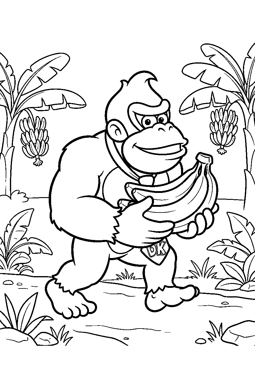 donkey kong carrying a bunch of bananas in a banana grove line art