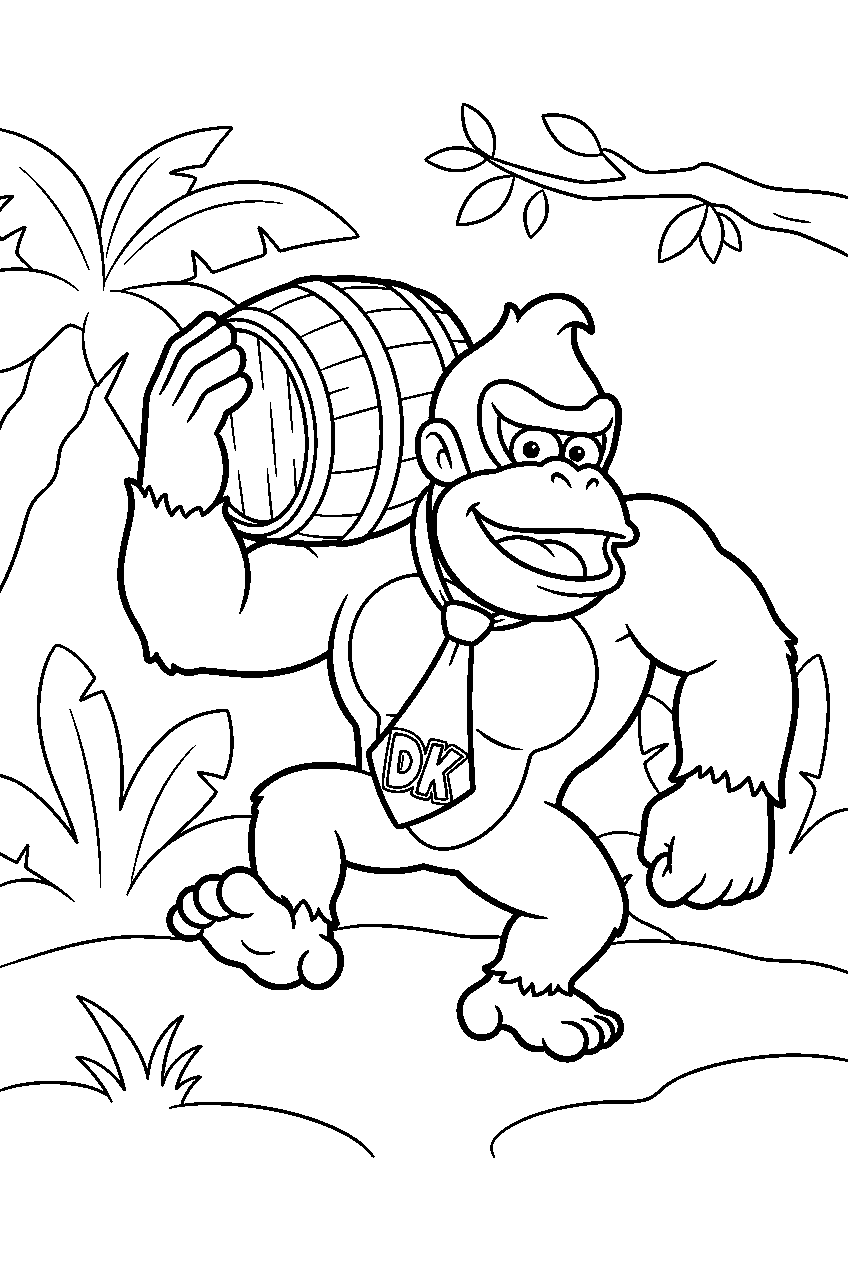 donkey kong carrying a wooden barrel in kongo jungle line art