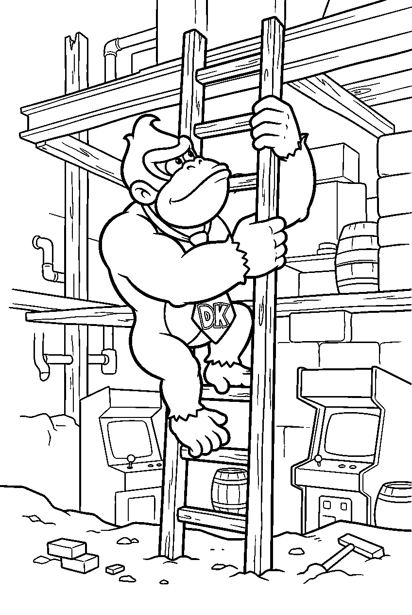 donkey kong climbing a ladder at an arcade construction site line art