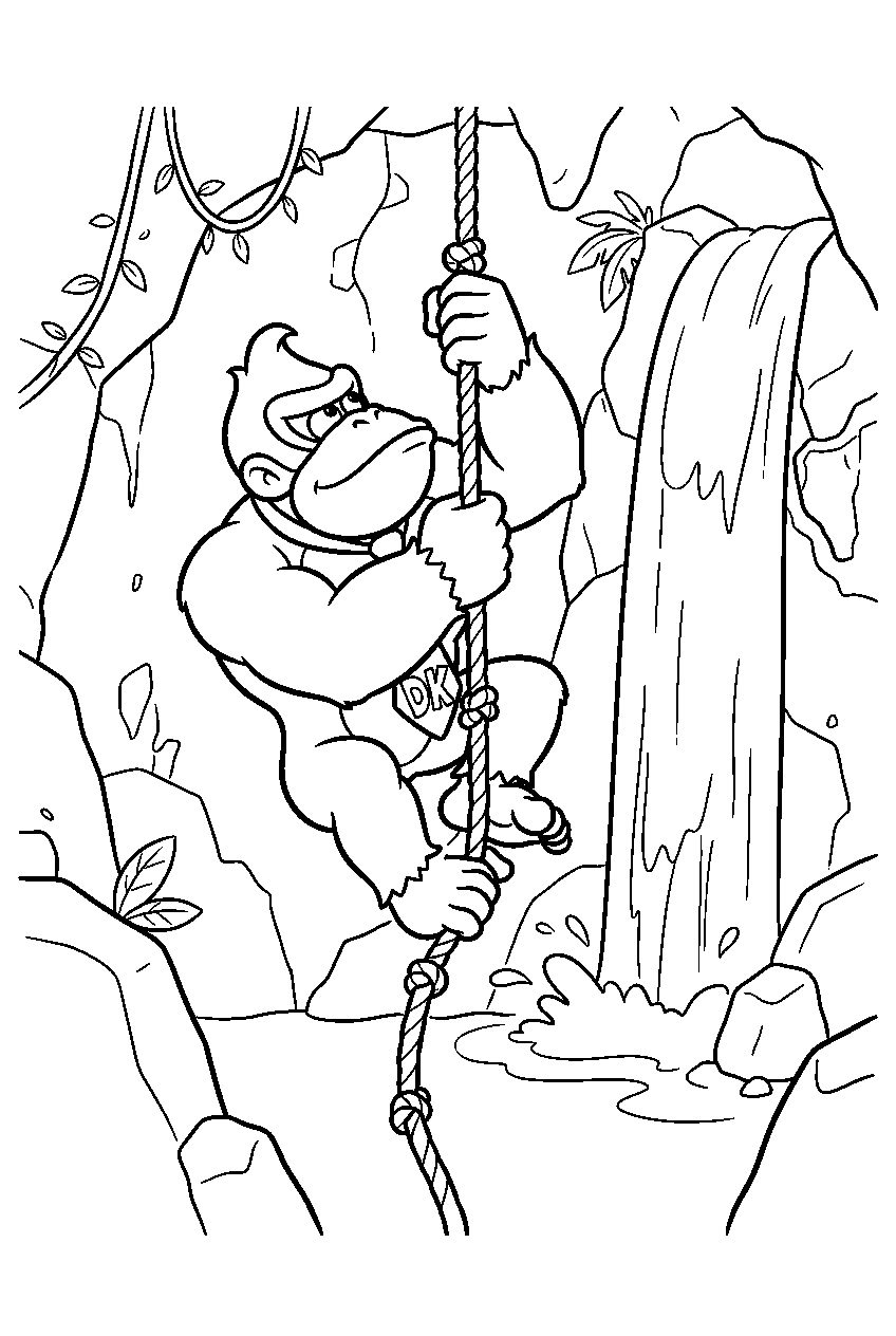 donkey kong climbing a rope inside a waterfall cave line art