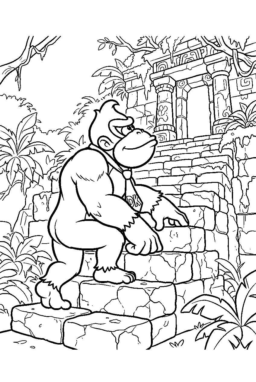 donkey kong climbing stone steps at an ancient jungle temple line art