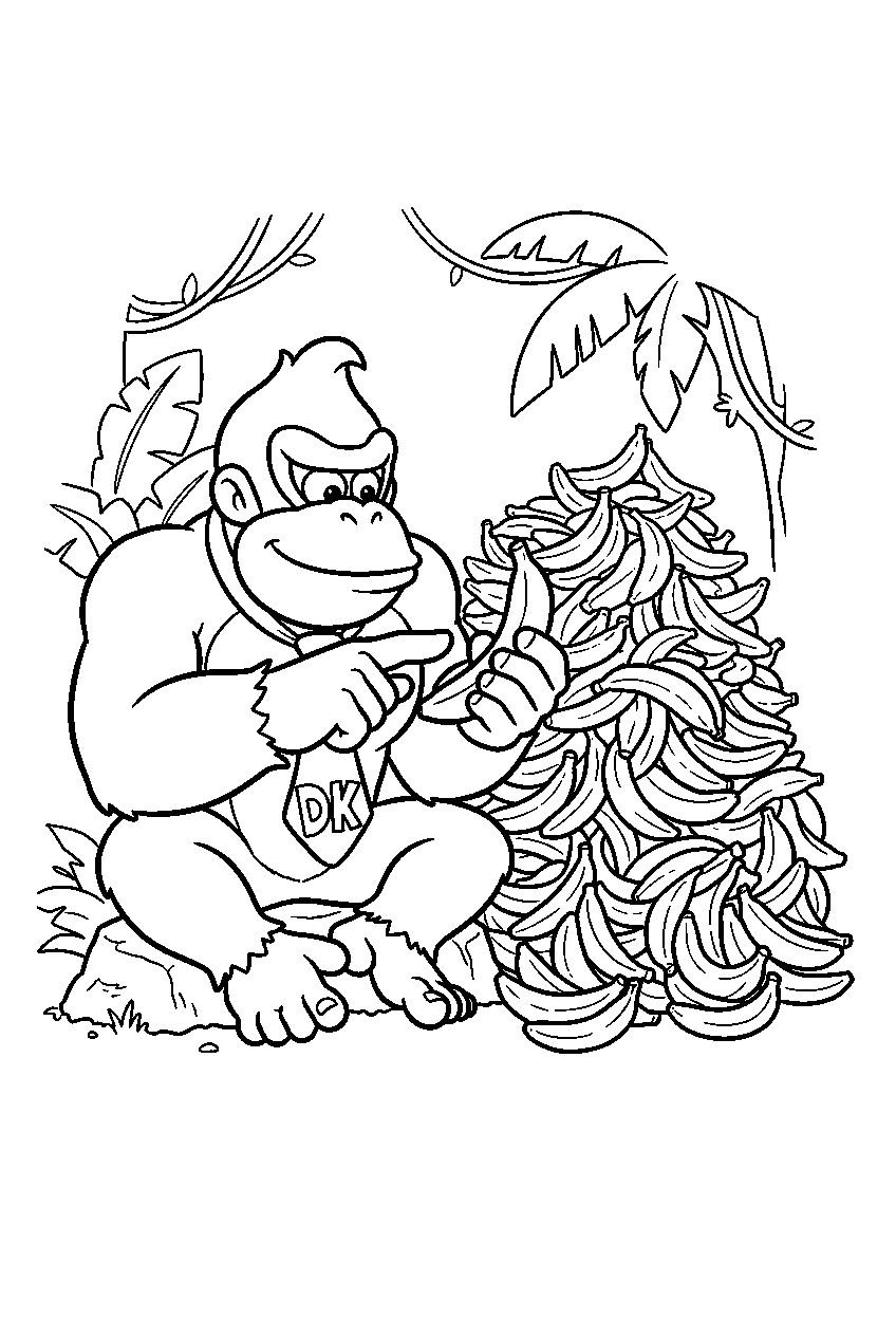 donkey kong counting bananas beside a banana hoard line art