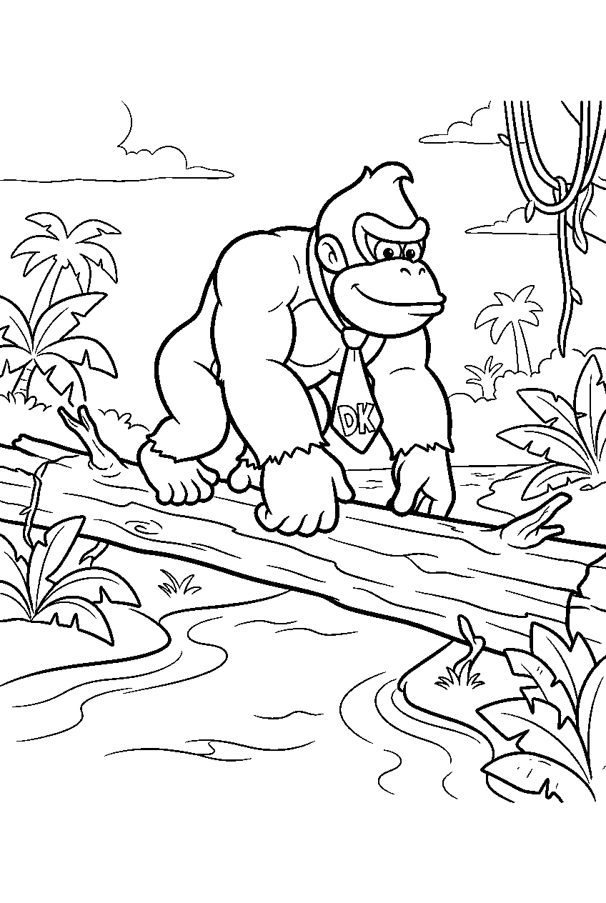 donkey kong crossing a fallen log beside a jungle river line art