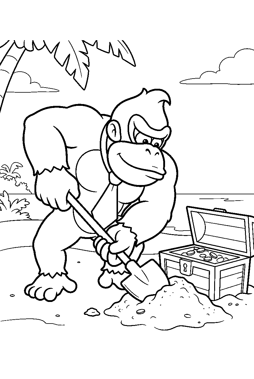donkey kong digging beside a treasure chest on a tropical island line art