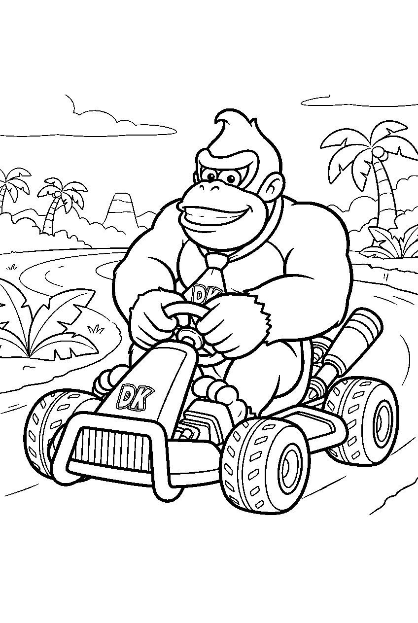 donkey kong driving a racing kart on a jungle racetrack line art
