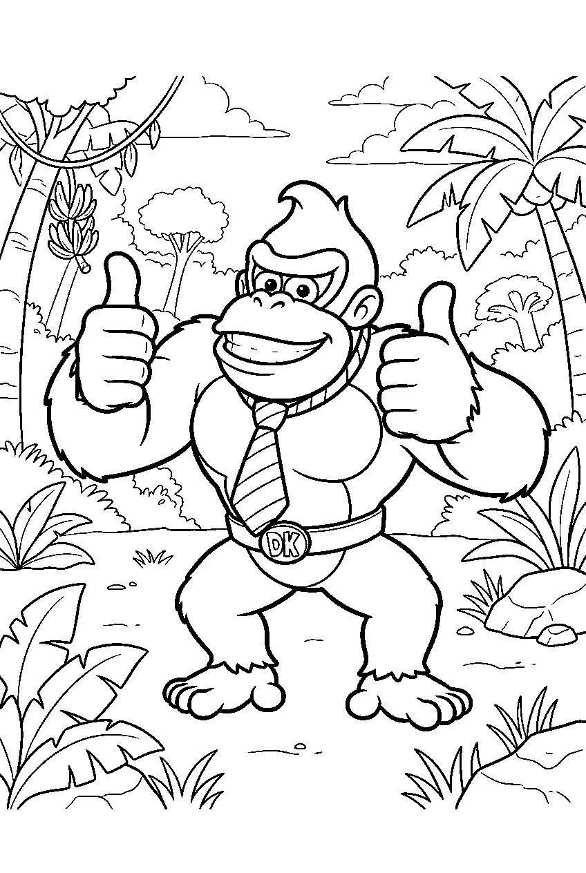 donkey kong giving two thumbs up in a jungle clearing line art